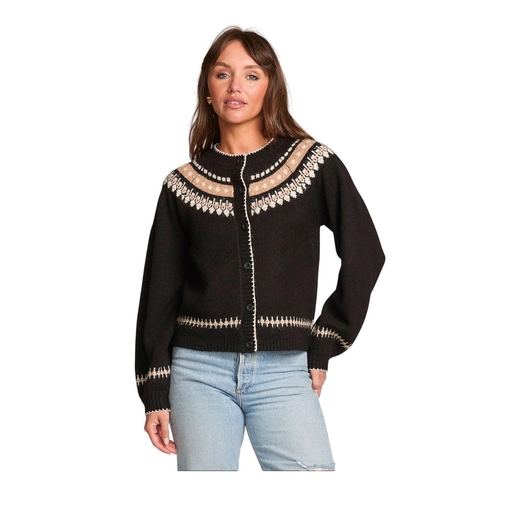 Saltwater Luxe Joss Fair Isle Cardigan Sweater Nordic Black Knit XL